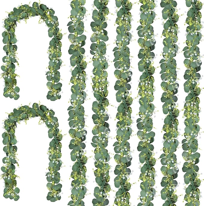 CQURE 8 Pack 5.9Ft Eucalyptus Garland,Artificial Eucalyptus Flowers Leaves Table Greenery Garland Wreath Vines for Wedding Party Table Bedroom Wall Decor