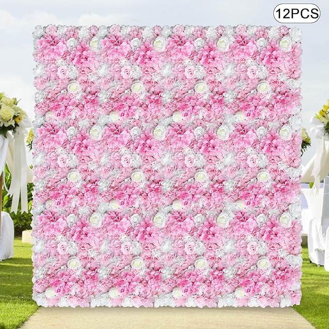 12 Pcs Artificial Flower Wall Panel 3D Silk Fabric Floral Backdrop Flower Wall Decor for Wedding Party Event Photo Stage (White Dahlia + Deep Champagne)
