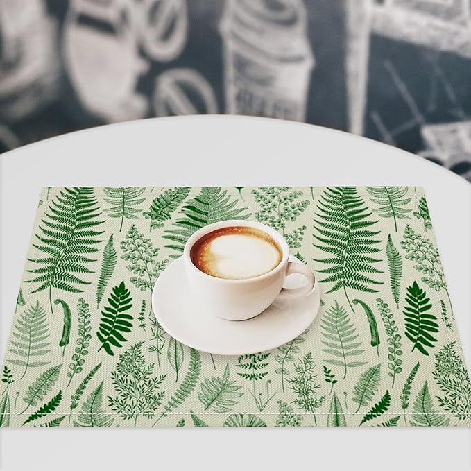 Vintage Leaves Placemats Set of 8, 17x12 Inch Green Boho Abstract Aesthetic Tropical Botanical Leaves Modern Art Printed Table Mats for Home Party Kitchen Dining Decor