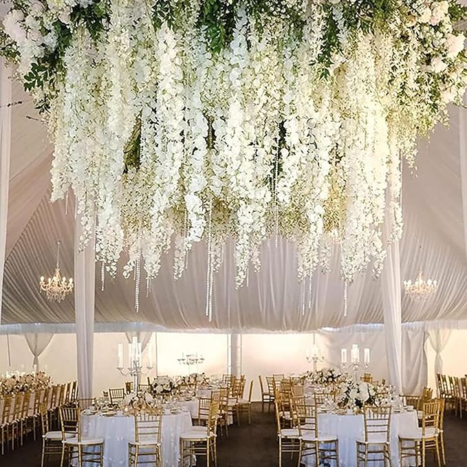24 Pack White Wisteria Hanging Flowers Garland, 3.77 Feet Artificial Flower Vines, Fake Wisteria, Artificial Vines Hanging Garland for Backdrop Outdoor Yard Garden Decor