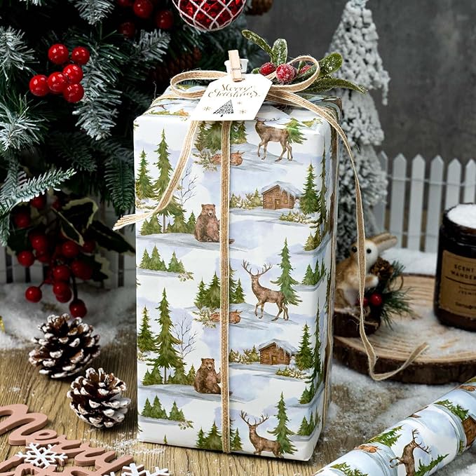 MAYPLUSS Christmas Wrapping Paper Roll - 17 In x 33 Feet - Cute Watercolor Christmas Tree Deer Bear Log Cabin Gift Wrap Paper for New Year, Holiday, Kids