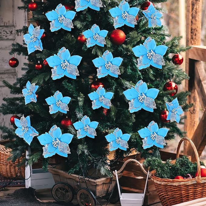 WILLBOND 36 Pieces Christmas Poinsettia Glitter Faux Flowers Christmas Artificial Flowers Tree Ornaments Topper Xmas Decorations(Lake Blue)
