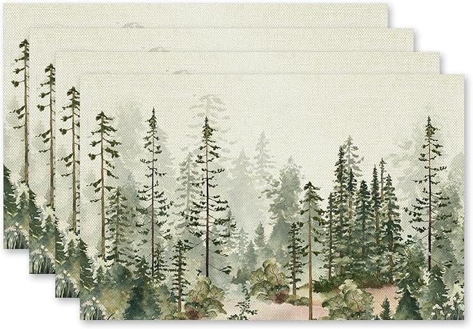 Rustic Forest Trees Placemats Set of 4, Misty Woodland Nature Table Mats Place Mats for for Kitchen Dining Table Decoration 16.9x11.4 Inch