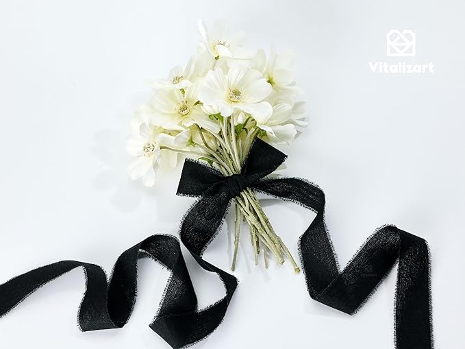 Vitalizart Black Ribbon 1-1/2" x 15 Yd 100% Cotton Handmade Frayed Fringe Fabric Ribbons for Gift Wrapping Wedding Invites Bridal Shower Bouquets Christmas Decorations