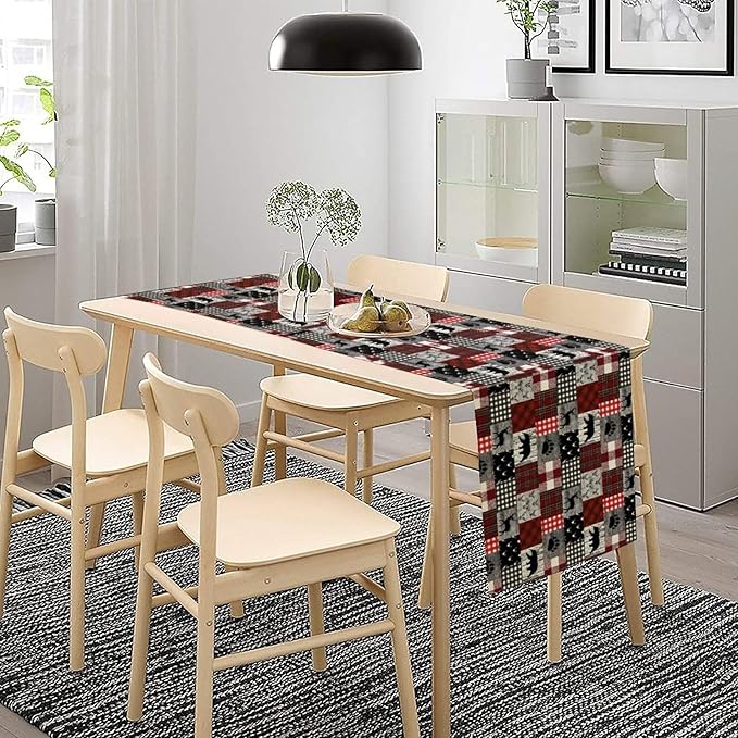 Rustic Farm Table Runner,Vintage Woodland Deer Bear Animal Buffalo Plaid Print Tablecloth Burlap for Hotel Indoors Outdoor Dining Room Kitchen Home Decor,W13X L90 in