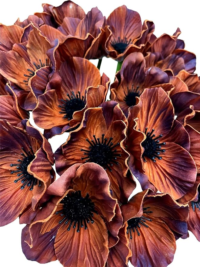 14Pcs Real Touch Anemone Poppy Bouquet for Artificial Flower Decor Kitchen Table Centerpiece Vase Home Greenery Wedding Holding Flowers Backdrop Arch Wall (Brown)