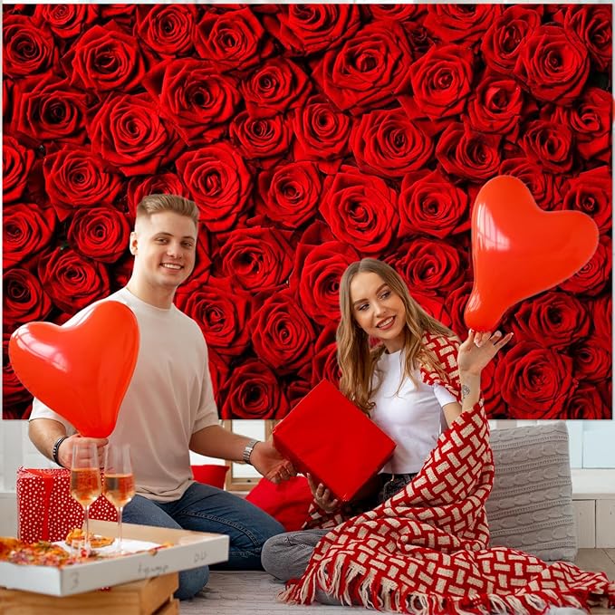 Avezano Valentine's Day Backdrop Rose Flower Wall Photo Background Red Rose Wedding Bridal Shower Photography Backdrop Mother's Day Birthday Party Dessert Table Banner (7x5ft)