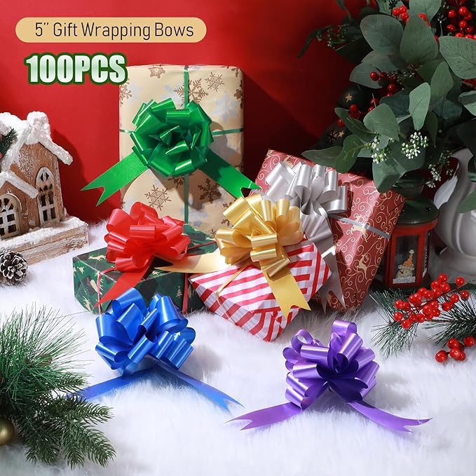 100 Pcs 5 Inch Christmas Pull Bows for Gift Wrapping, Gift Wrapping Pull Bows with Ribbon for Christmas Presents Wedding Decor Basket Bag Holiday Decor(Multicolor)