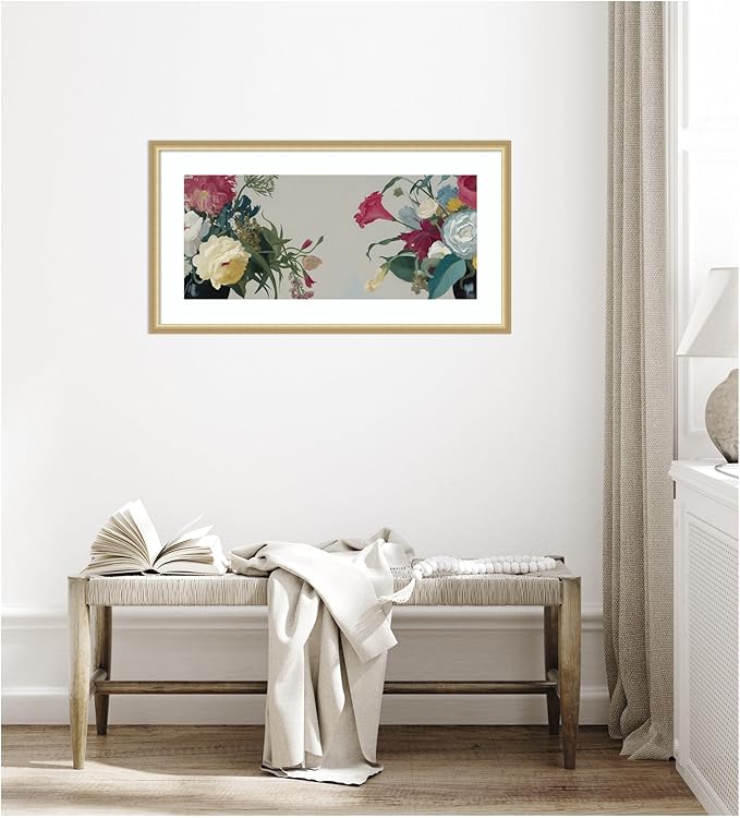 Kate and Laurel Framed Wall Art Print Romantic Blooms by Mary Sparrow, 42 x 22, Florence Gold Frame, Traditional, Flower Art for Wall Decor