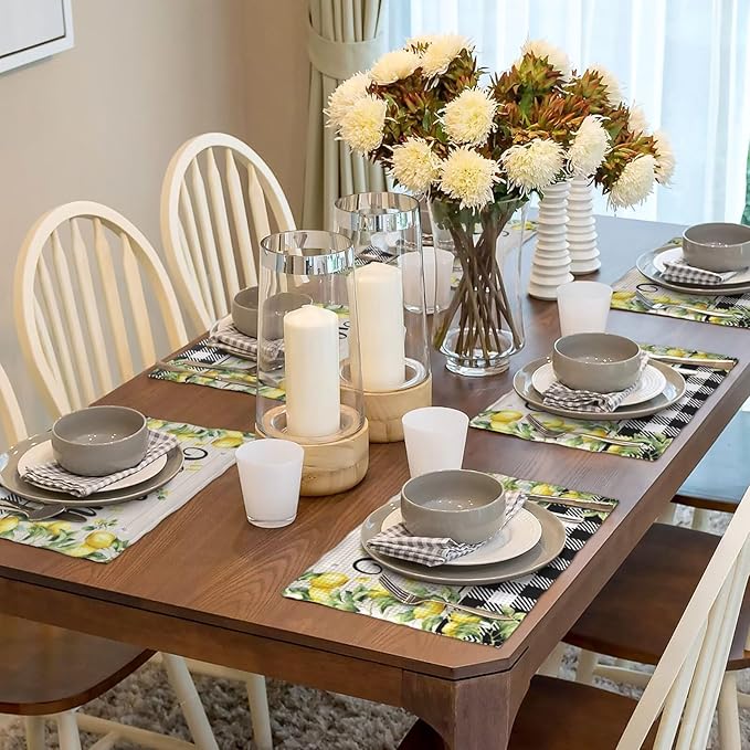 Lemon Kitchen Table Placemats Set of 6 Retro Country Green Leaves Fruit Heat Resistant Table Mats for Home Party Indoor Holiday Decor 12 x 18 Inch