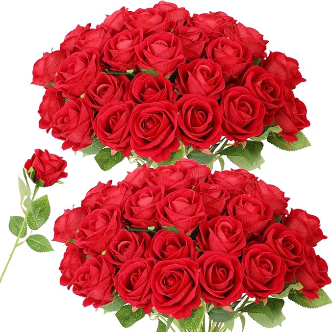 52 PCS Red Roses Artificial Flowers, Fake Red Rose Bouquet, Artificial Silk Red Roses with Stems for Wedding Flowers Decoration, Valentines Day Mothers Day, Bridal Bouquet Roses