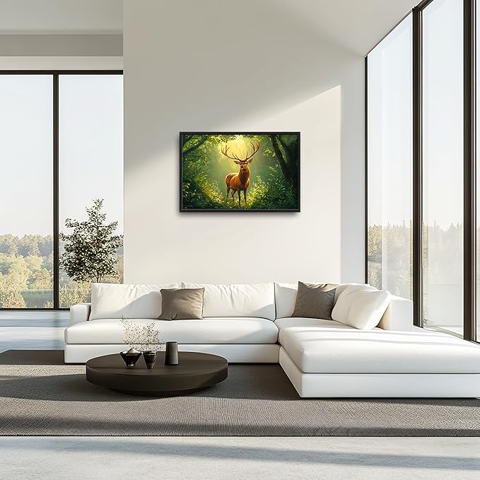 Forest Elk Deer Large Wall Art Framed Green Wall Decor for Living Room Farmhouse Deer Pictures Oversized Canvas Print Painting Modern Extra Large Framed Artwork for Bedroom Office 36"x24"