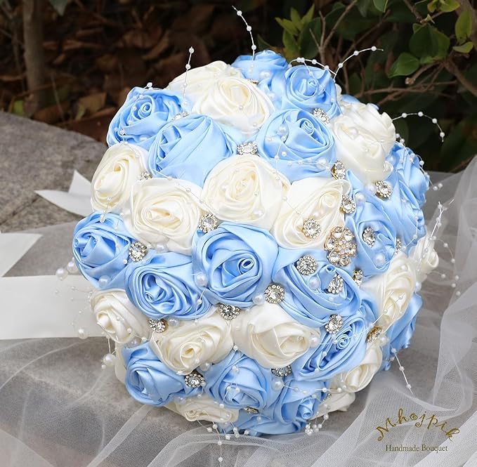 Bridal Wedding Bouquet Round Bling Brooch Bouquet Throw Toss Artificial Rose Flower Bunch for Bride Bridesmaid Wedding Quinceanera(Light Blue & Ivory, 8.7")