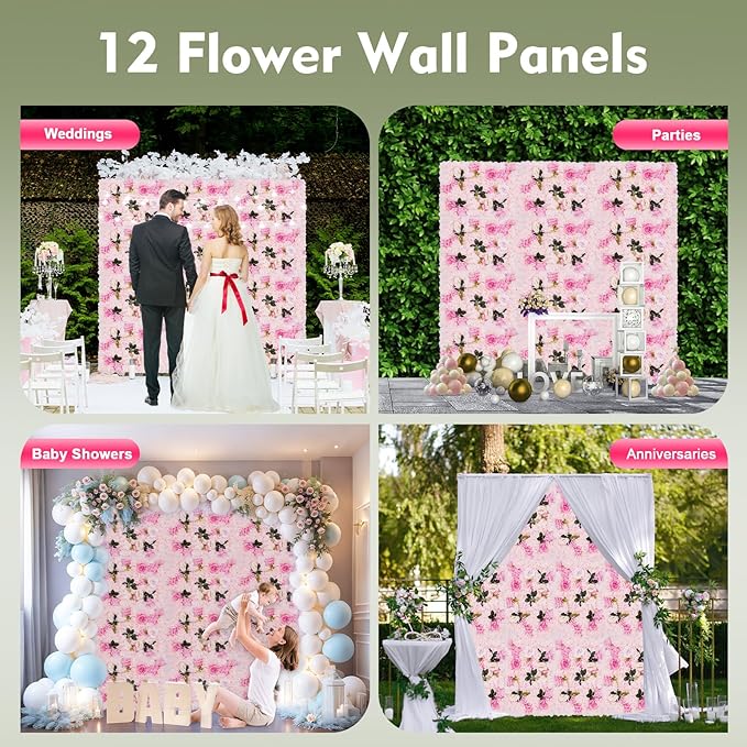 LOYALHEARTDY 12 Pack Artificial Flower Wall Panels 24" x 16" Flower Wall Panel Backdrop Faux Hydrangea Rose Flower Backdrop Panels for Wall Decor Wedding Party Event Decoration