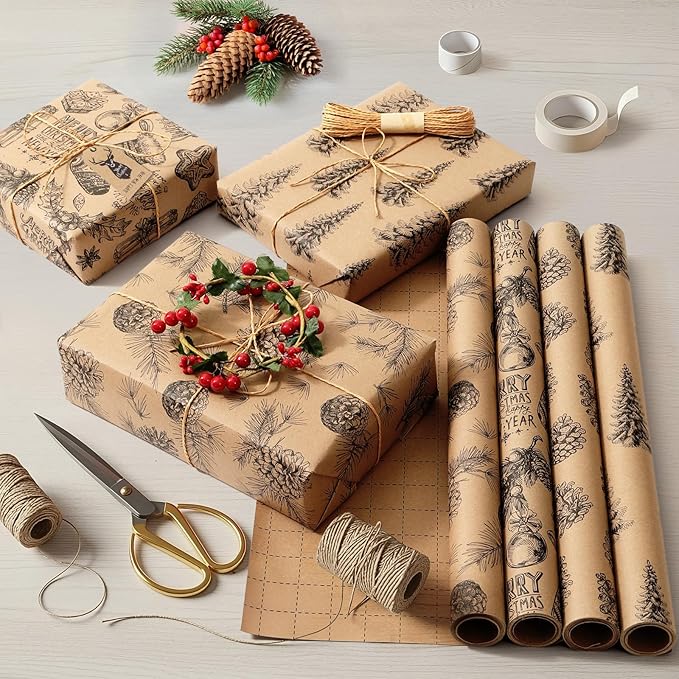 YANGTE Vintage Christmas Wrapping Paper Rolls, Brown & Black Wrapping Paper Christmas with Twine and Greeting Cards, 4 Rolls Holiday Gift Wrapping Paper, 17 x 120 inch per Roll