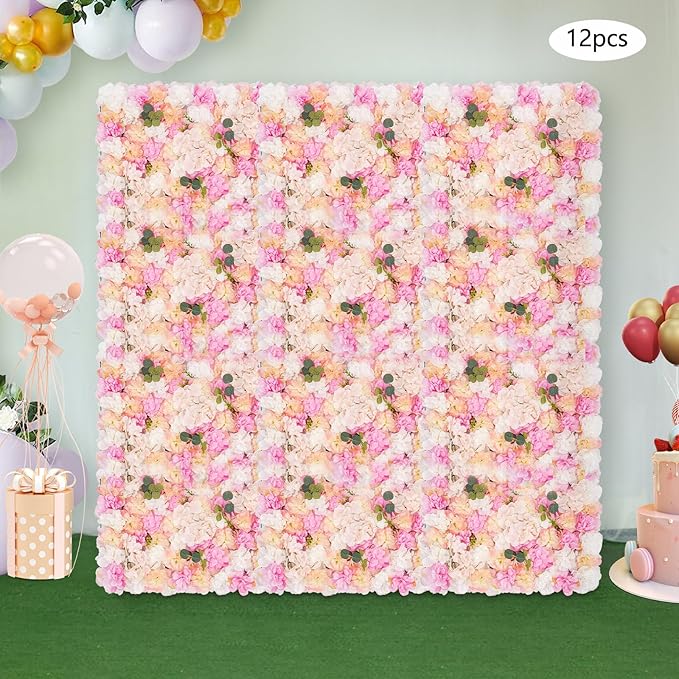 12pcs 24" x 16" Artificial Flower Wall Panel Background,3D Pink Champagne Silk Eucalyptus Rose Flowers Wall Backdrop for Wedding Party Event Photo Backdrop Wall Decor (Type 2)
