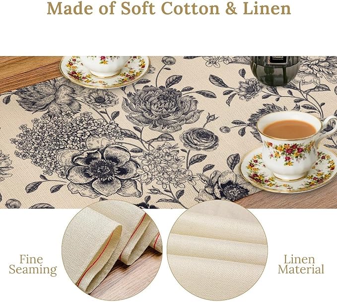Black White Flower Table Runner,Vintage Wildflower Decor Table Runner for Home Kitchen Table Dining Indoor Outdoor Party Decor 13x90 Inch
