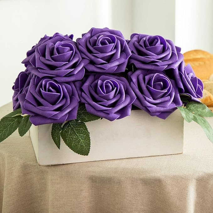 Purple Artificial Flower Purple Silk Rose 25pcs Real Looking Fake Rose with Stems Leaves for Home Decoration Party Garden Centerpieces DIY Wedding Bouquets（Deep Purple）