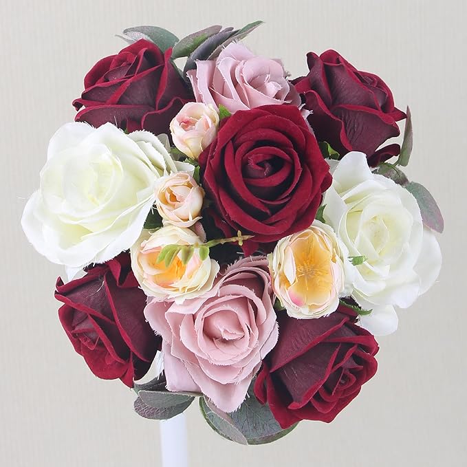 Rinlong 7" Wedding Bouquet for Bride Bridal Bridesmaid Vintage Artificial Flowers Burgundy Silk Bouquet Wedding