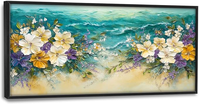 Beach Floral Large Wall Art Coastal Flower Pictures Wall Decor Summer Canvas Seascape Print Painting Modern Artwork Home Decoration for Living Room Bathroom Bedroom Office Framed 60"x30"