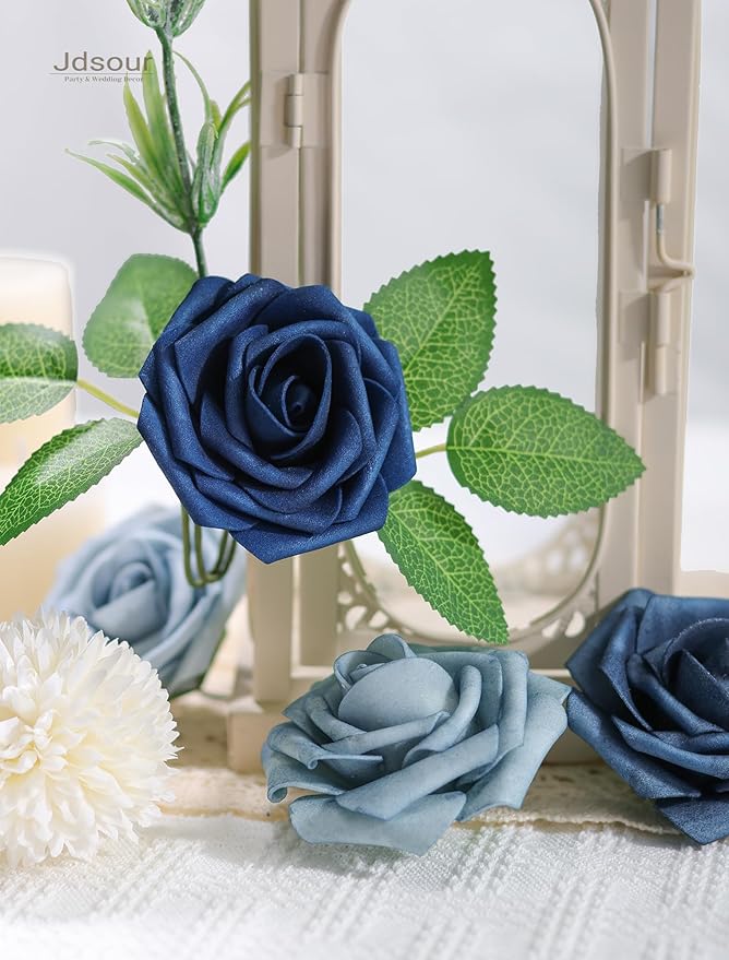 25pcs Artificial Flower，Real Looking Foam Roses w/Stem for DIY Wedding Bouquets Centerpieces Bridal Shower Party Decor-Shades of Navy Blue