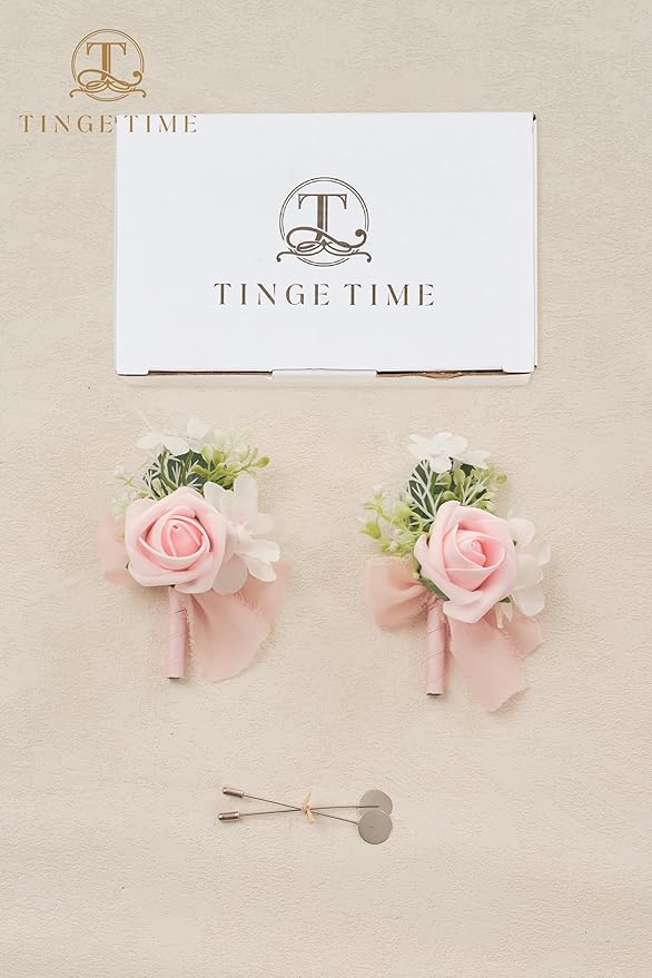 TINGE TIME Boutonniere for Men Wedding,Groom and Best Man Boutonniere for Wedding Ceremony Anniversary, Formal Dinner Party and Rustic Spring Wedding Marriage (2, Pink)