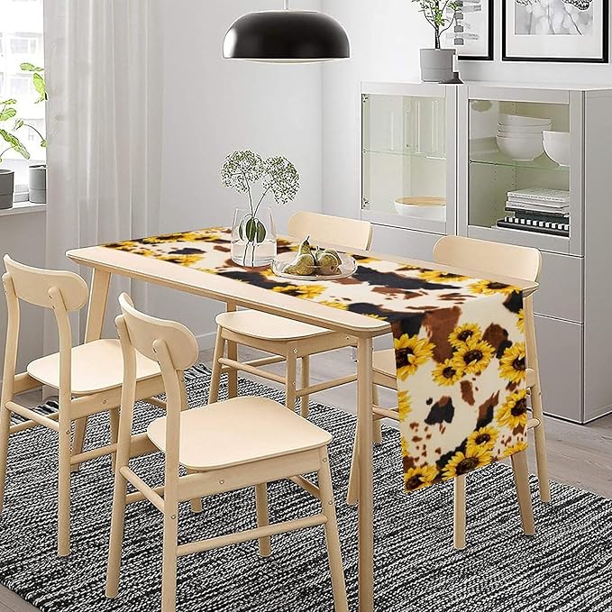 Cow Skin Print Table Runner, Vintage Sunflower Cottage Country Farm Animal Fur Skin Western Style Brown Cowhide Print Dinner Runner for Home Kitchen Dining Table 13x108in