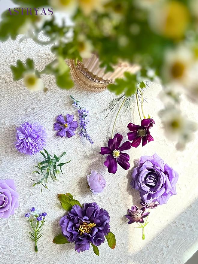 ASTRYAS Artificial Flowers Combo Purple Flowers Mix Silk Flowers Peony Dahlia Roses with Stems for DIY Bridal Wedding Shower Decorations Faux Floral Arrangements Party Centerpieces Home Decor Indoor