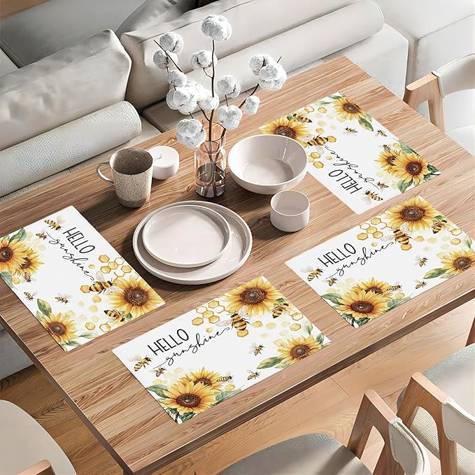 Farmhouse Sunflower Placemats Set of 6, Hello Sunshine Place Mats, Rustic Bee Dining Table Mats, Washable Placemats for Kitchen Dining Room Home Decor 18L'' × 12W''