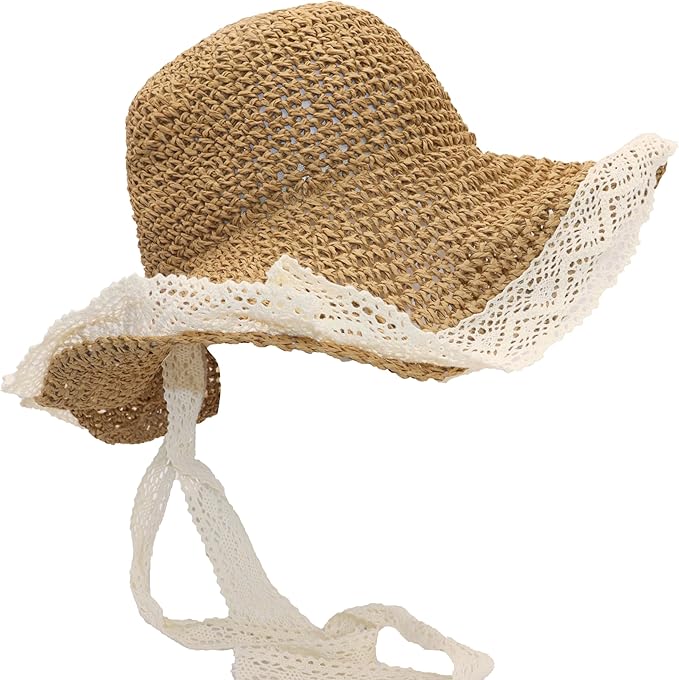 Ladies Wide Brim Beach Straw Hat Summer Vacation Sun Protection Hat Braided Lace Edge Hat Soft Foldable Lightweight