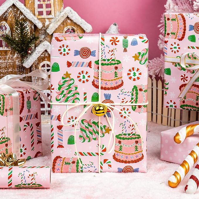 MAYPLUSS Christmas Wrapping Paper Roll - 17 In x 33 Feet - Cute Pink Christmas Candy Cane Cake Reversible Polka Dot Gift Wrap Paper for New Year, Holiday, Kids