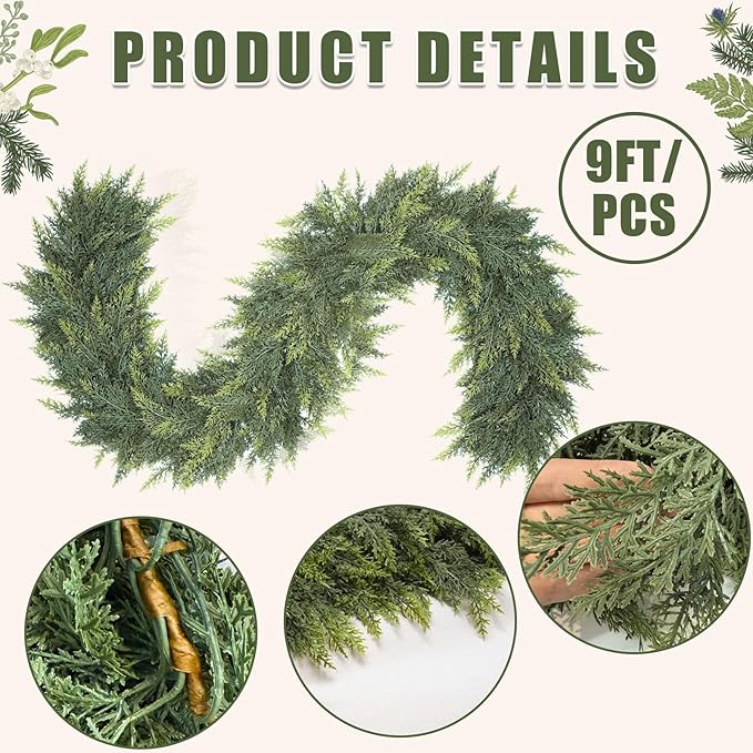 9 Ft Christmas Cedar Garland, Realistic Faux Pine Garlands, Green Artificial Greenery Garland for Winter Home, Mantle, Fireplace, Indoor, Outdoor Christmas Decorations (1Pcs)