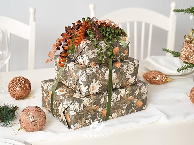 HUIHUANG Fall Bows for Gift Wrapping Moss Green/Orange/Brown Curly Bows with Self Adhesive & Twist Tie, 7 inch Sheer Satin Ribbon Bow for Presents, Gift Basket, Fall Decor, Party Favors- 6 Counts