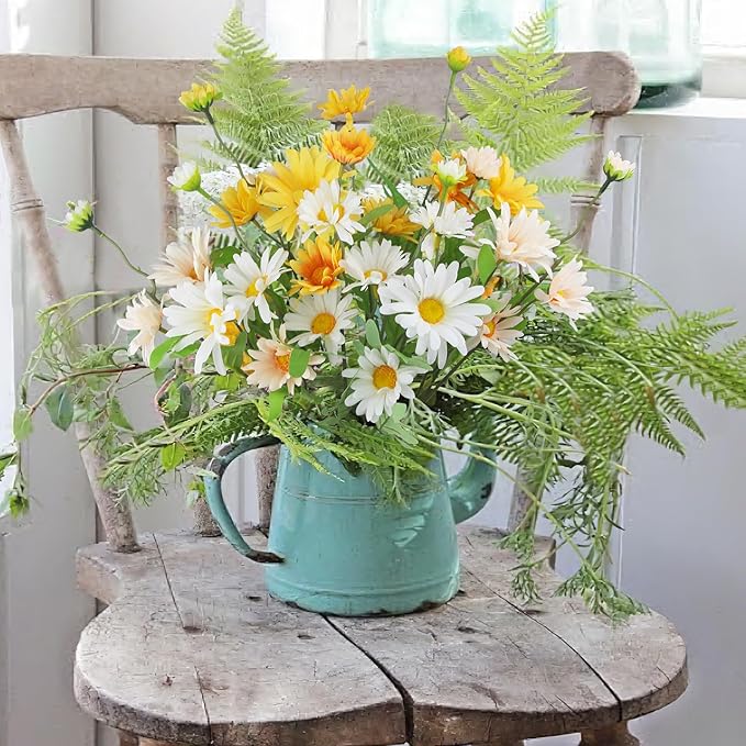 6 Pcs Artificial Daisy Flowers Silk Flower Outdoor UV Resistant Artificial Wildflowers for Decoration Bulk Faux Flowers for Vase Floral Arrangements Home Table Centerpieces Indoor Garden