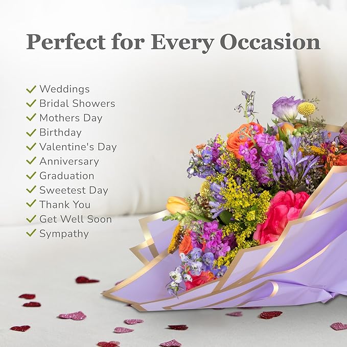 the florist Supply 20 Sheets Premium Flower Wrapping Paper | Waterproof Flower Wrapping Paper for Bouquets | Double Sided Floral Bouquet Sheets | DIY Gifts Borderline Lavender/Gold