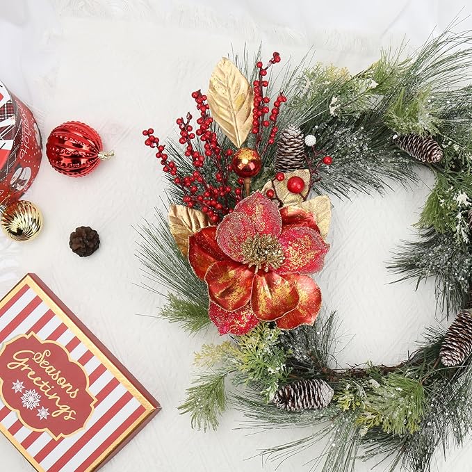 Briful 2PCS Christmas Glitter Magnolia Flowers Picks and Spray with Christmas Balls Ornament Red Berries Gold Leaves Branches for Xmas Tree Wreath Vase Floral Arrangement (Red Gold)