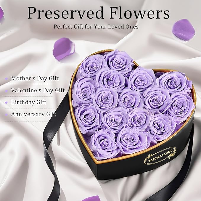 16 Preserved Roses in Heart Shape Gift Box for Her - Forever Flowers for Delivery, Eternal Rose Mothers Gifts for Mom, Wife Anniversary Birthday Gifts for Women, Purple