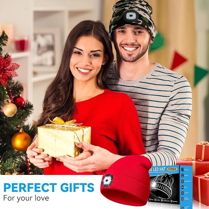 Christmas Stocking Stuffers for Men Adults, Beanie Hats with Light, USB Rechargeable LED Hand Free Headlamp, Birthday Gifts for Men, Women, and Teens, Ideal for Camping, Hiking, Red