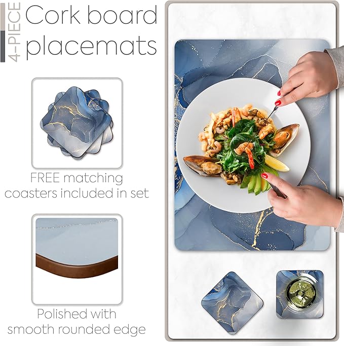Set of 4 Heat Resistant Cork Placemats for Dining Table with Free Set of 4 Matching Drink Coasters Marble Design 16 x 12 Inches Cork Backed Hard Placemats (Blue & Gold)