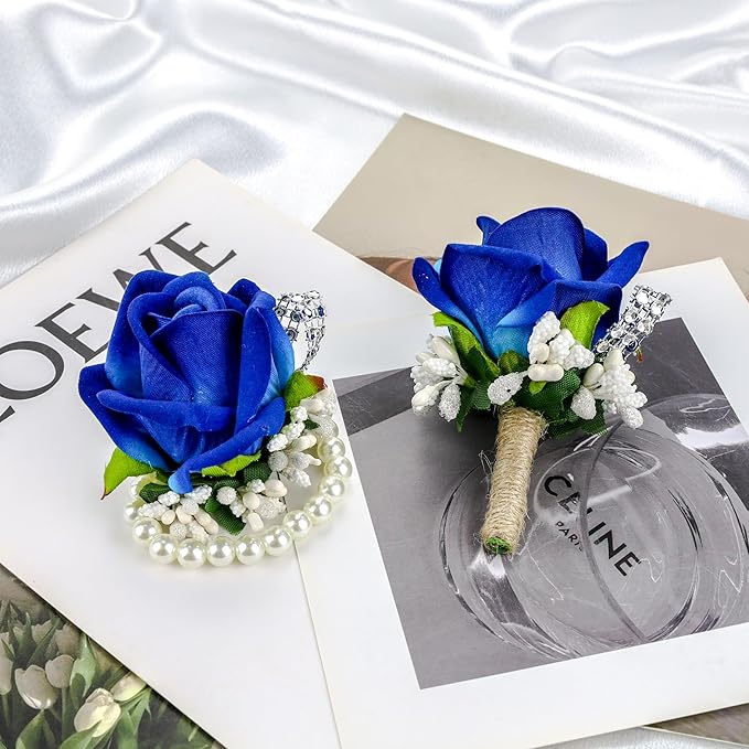 SITUMEIZI 2Pcs Blue Corsage and Boutonniere Set,Corsage Wristlet for Prom Decor,Boutonniere for Men Wedding Flowers Accessories Party Suit Decoration(Athens Blue)