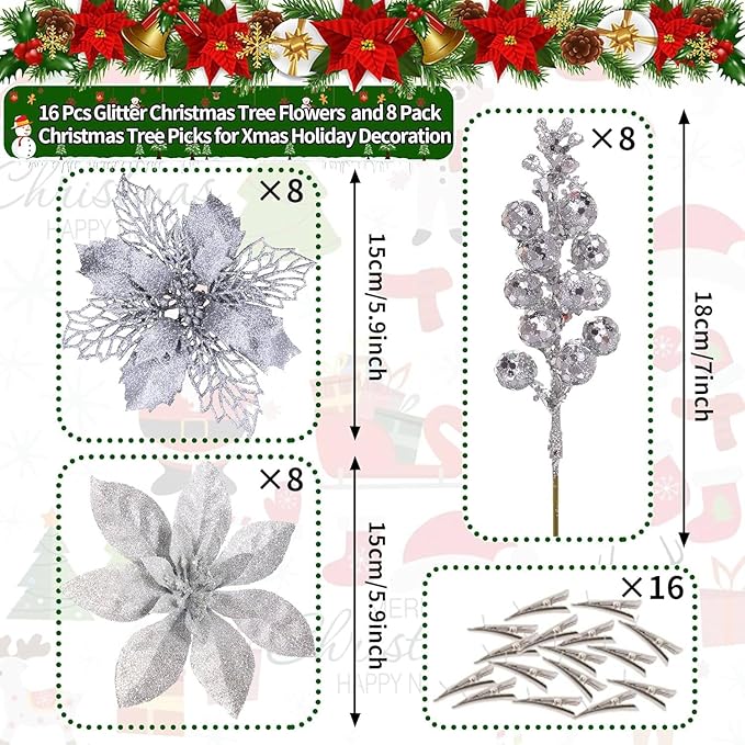 24Pcs Silver Glitter Poinsettia Christmas Tree Ornaments and Glitter Berries Stems, 16Pcs Christmas Artificial Flowers and 8 Pack Christmas Tree Picks for Wedding Holiday Decorations