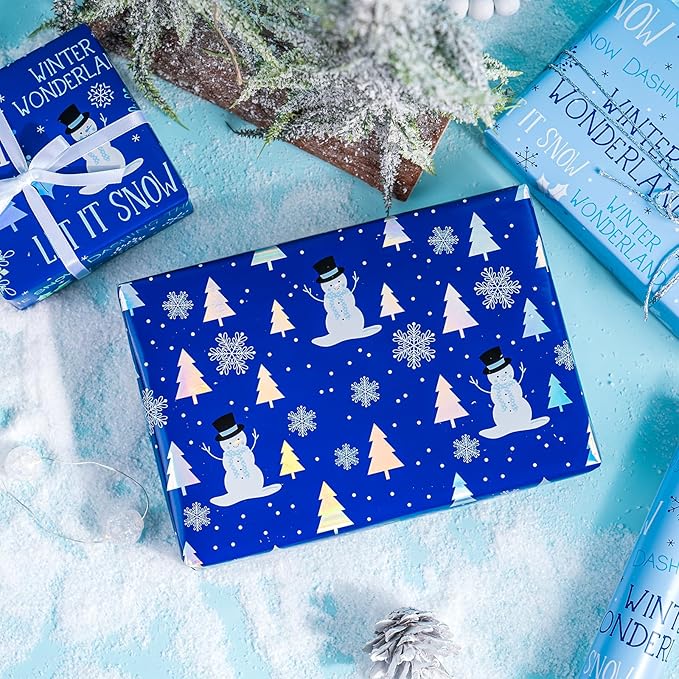 WRAPAHOLIC Christmas Wrapping Paper Roll - Mini Roll - 3 Rolls - 17 Inch x 120 Inch Per Roll - Blue and White Winter Wondland, Snowflake, Snowman Holiday Collection with Metallic Foil Shine