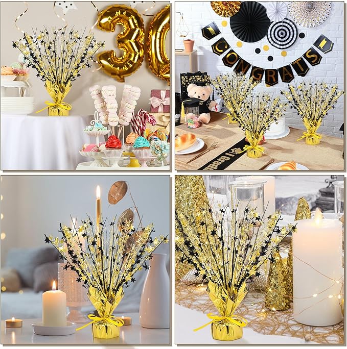 Crowye 3 Pieces Metallic Foil Spray Centerpiece Christmas Party Star Table Decoration Burst Centerpieces Fall Table Decor for Birthday New Year 2026 Party Holiday(Black Gold)