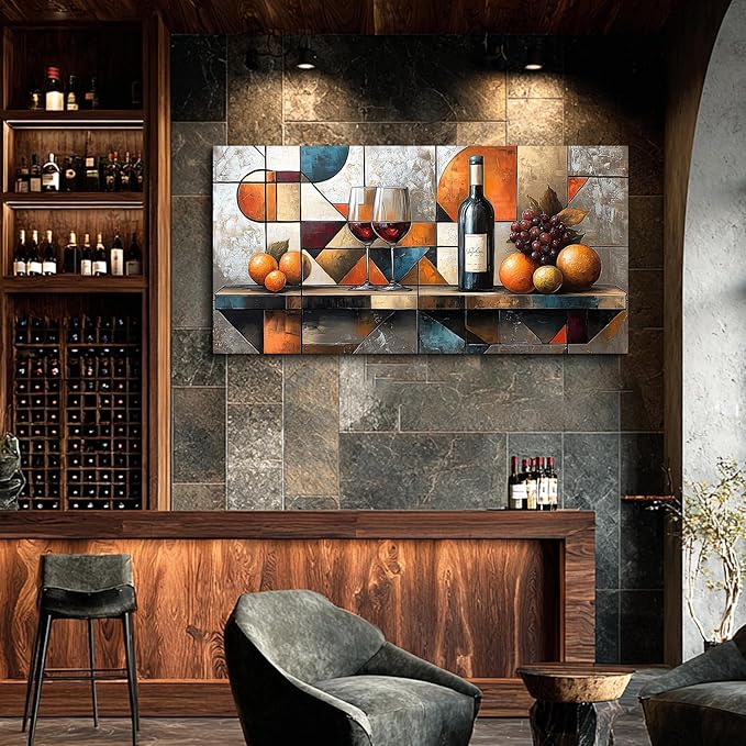 hyidecorart Canvas Wall Art For Kitchen Wall Decor For Living Room Dining Room Decorations Wine Glass Fruit Painting Still Life Geometry Abstract Picture Artwork Pub Posters Home Decor 20"x40"