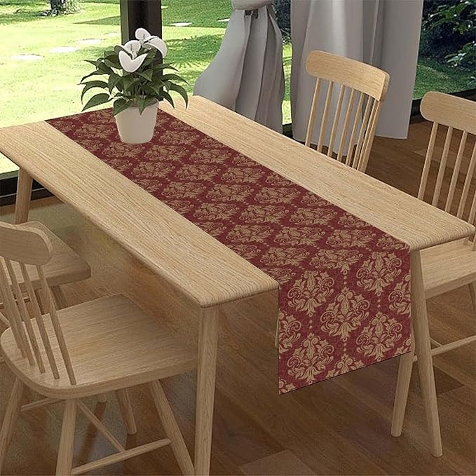 Red Damask Table Runner, Rustic Antique Victorian Style Coffee Table Center Decor for Home Kitchen Dining Patio Holiday Party Indoor Outdoor Table Decorations 13x108 inch