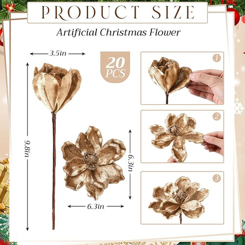 20 Pcs Christmas Glitter Poinsettia Magnolia Flowers Ornaments Large Heads Artificial Magnolia Flowers for Christmas Tree Xmas Wreath Holiday Wedding Decor(Gold)