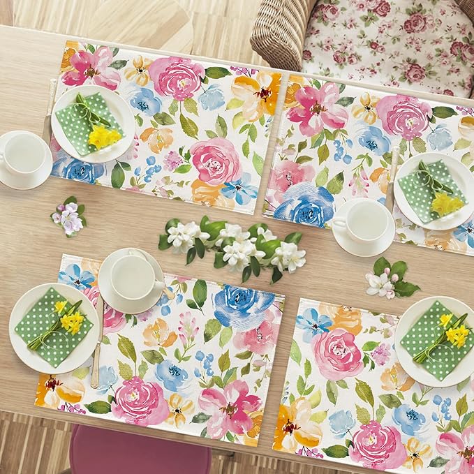 Seliem Spring Summer Floral Flower Placemats Set of 4, Watercolor Peony Leaves Dining Table Place Mats, Seasonal Kitchen Decor Home Decoration 12 x 18 Inch