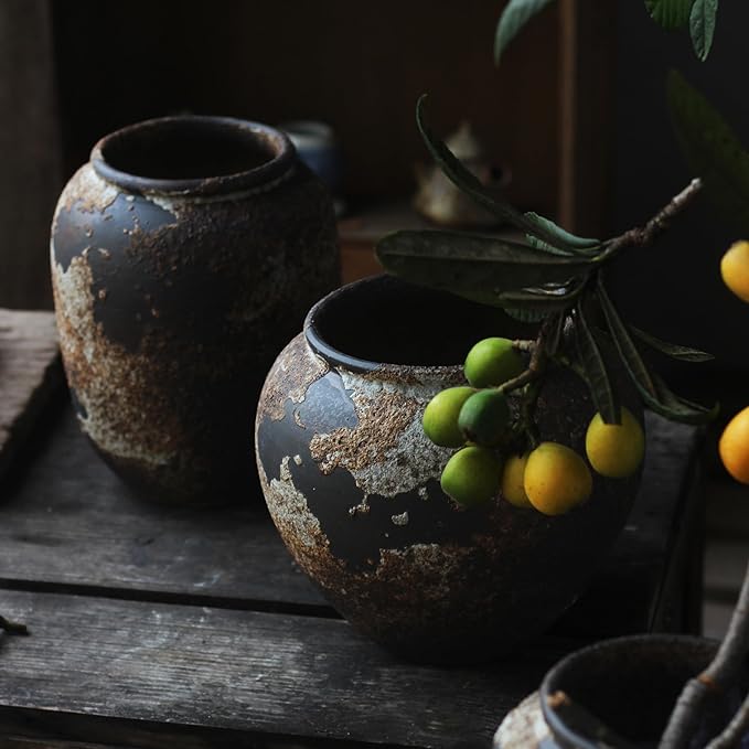 Denique Rustic Vase for Home Decor, Farmhouse Terracotta Vases, Large Ceramic Vase for Living Room Decor, Black Pottery Vase Large Clay Vase, Rustic Farmhouse Tabletop Decor(A-20cm)