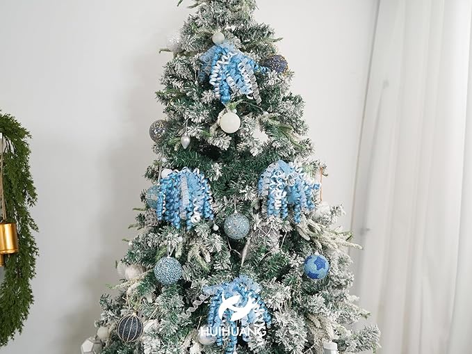 HUIHUANG Blue Bows for Gift Wrapping Blue and White Curly Bows with Self Adhesive & Twist Tie, 7 inch Gift Bow for Presents, Gift Basket, Baby Shower, Christmas Decor, Party Favors- 6 Counts