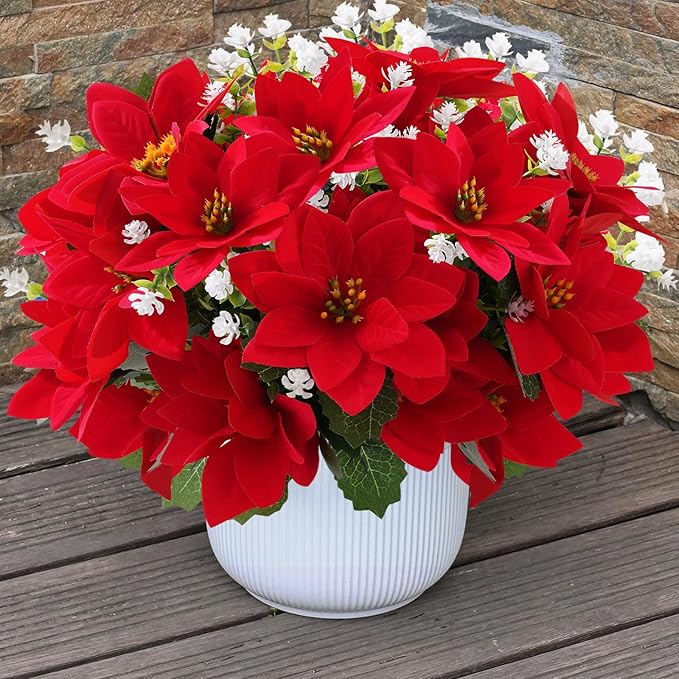 12 Bunches Poinsettias Artificial Christmas Flowers for Outdoors,14'' Fake Red Poinsettias Faux Eucalyptus Plants UV Resistant for Home Planters Garden Porch Christmas Winter Spring Décor